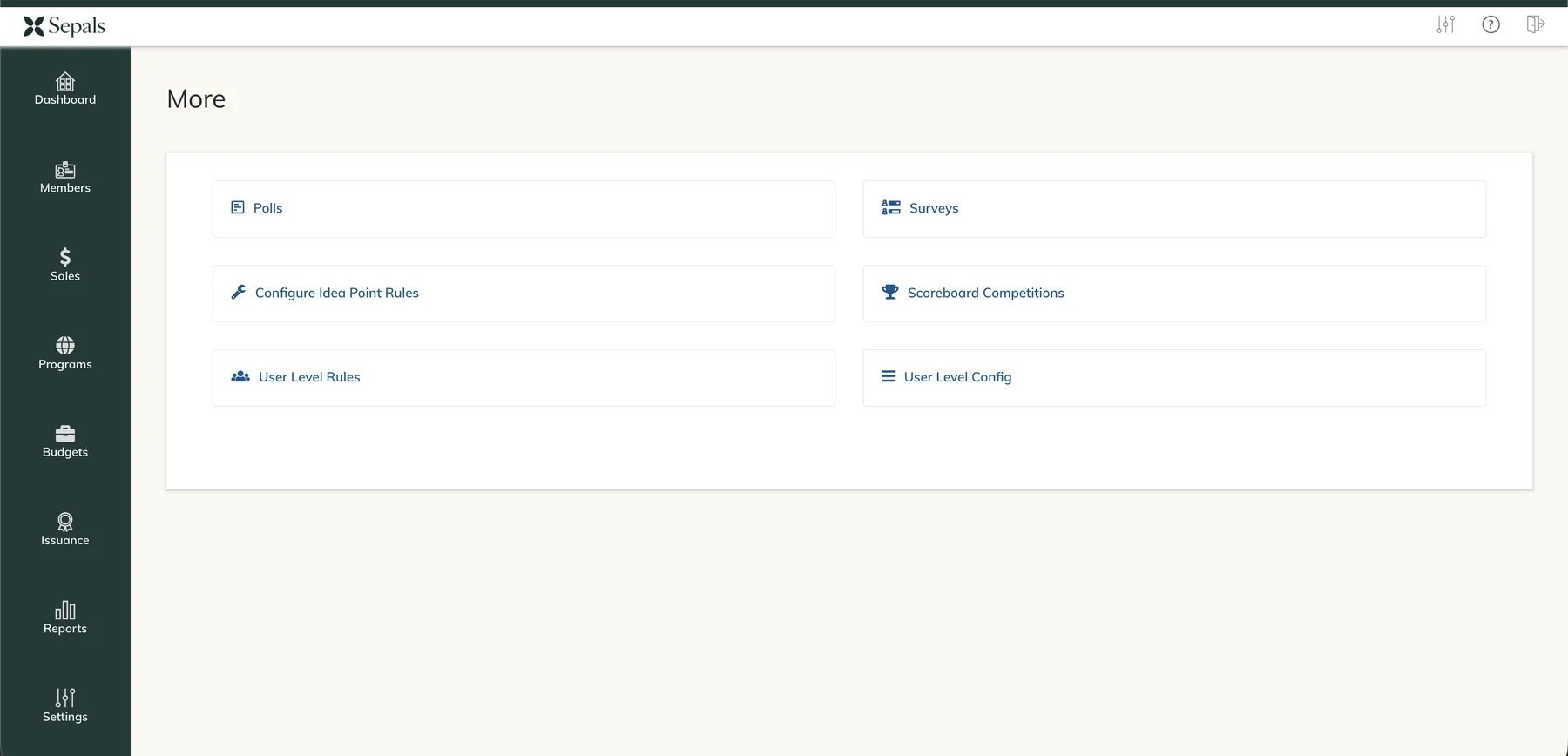 Sepals engagement menu showing polls, surveys, idea rules, competitions, and user levels