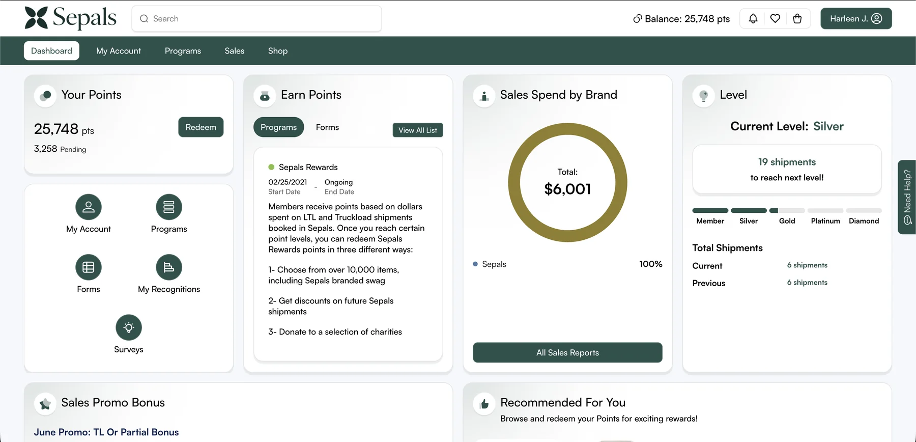Sepals participant dashboard showing points, earning programs, sales spend, and level progress