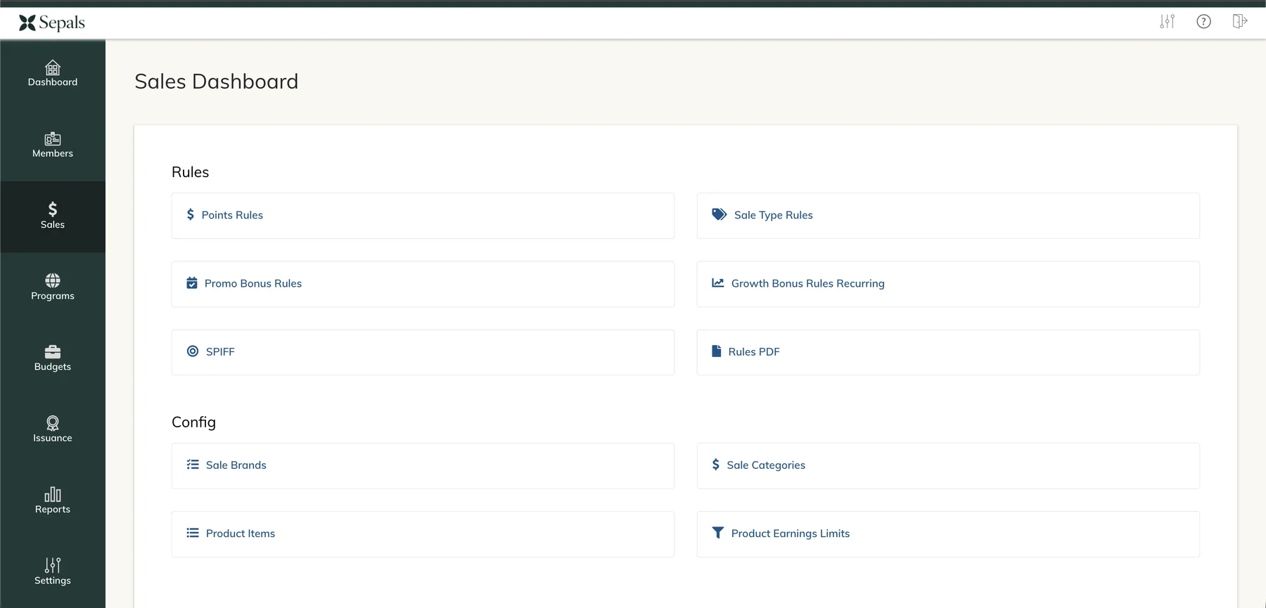 Sepals sales dashboard showing SPIFF, promotion, growth bonus, points, and sale type rule options
