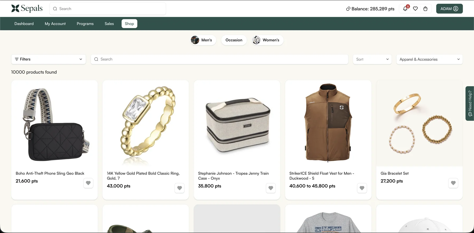 Sepals reward catalogue showing merchandise and point prices