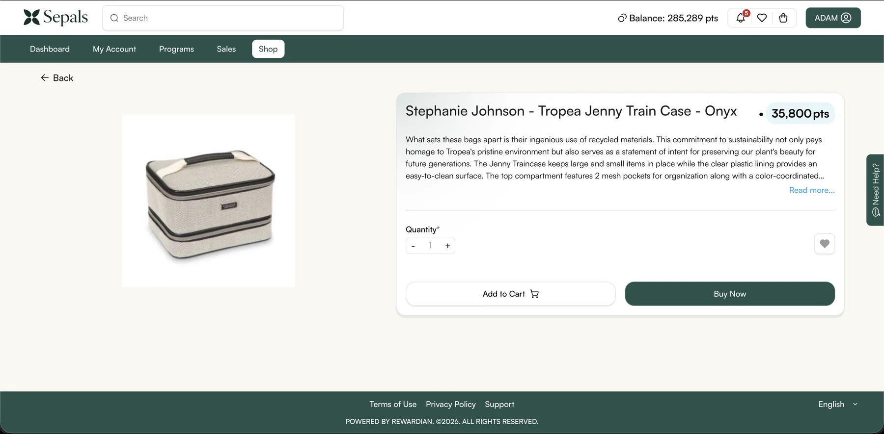 Sepals reward detail page showing product information, point price, quantity, and purchase controls