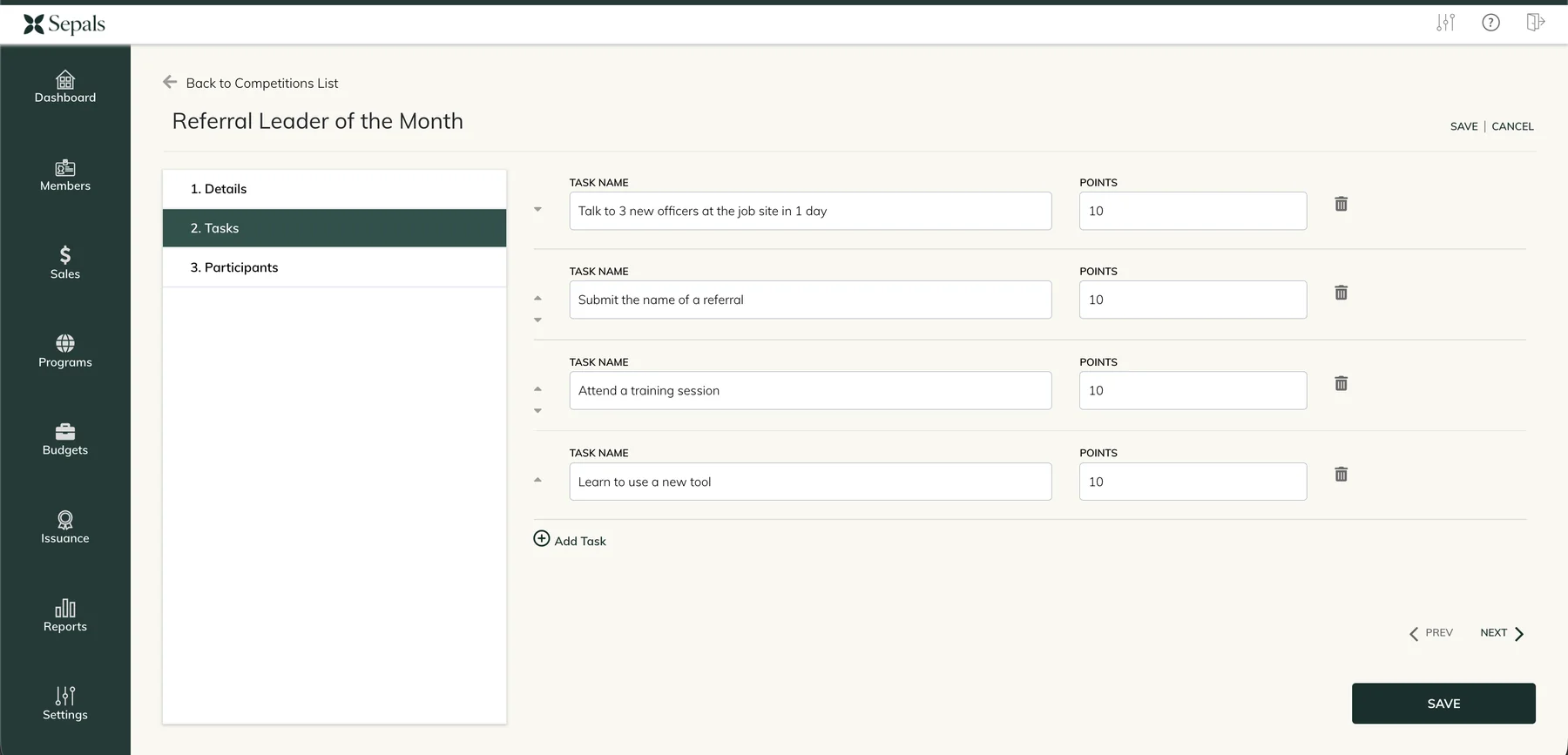 Sepals referral competition editor showing tasks and points for each activity